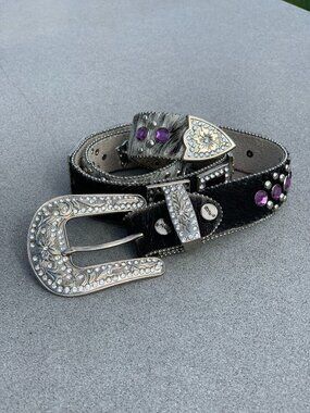 BHW Pony Hair Western Belt M Purple Rhinestone Silver Buckle Rodeo Cowgirl Bling